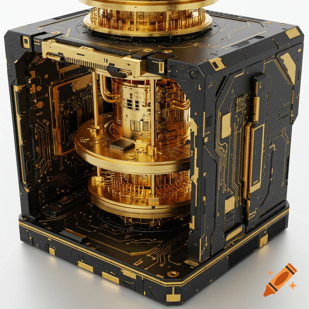 Close-up of a black and gold quantum computer with intricate details on a white background.