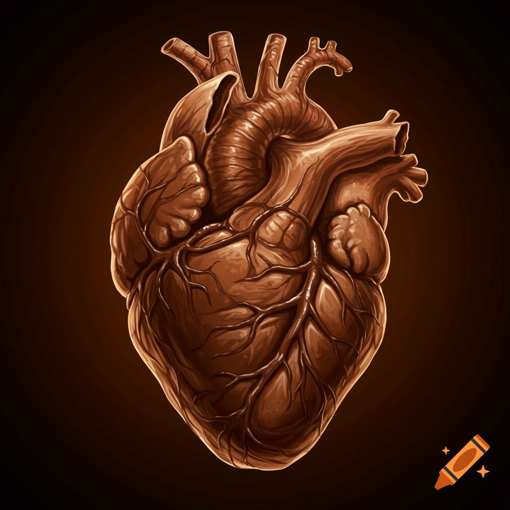 Stylized illustration of a human heart made of coffee bean texture with coffee flowing through the veins.