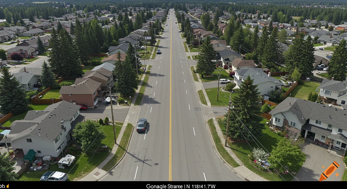 Aerial view of a long residential street lined with houses and trees under a blue sky.