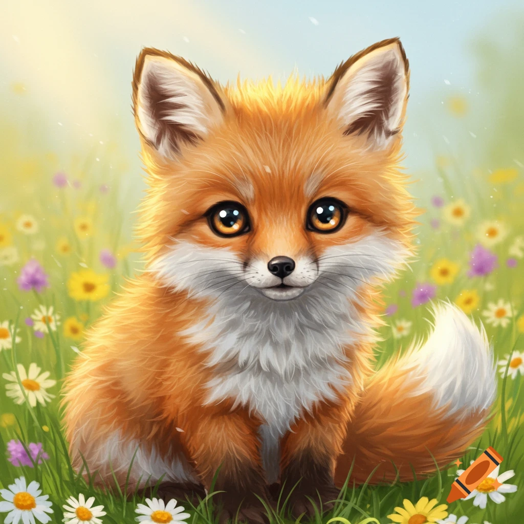 A cute fluffy fox sits in a field of colorful flowers.