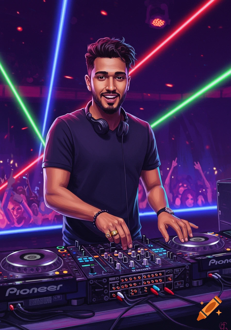 Illustration of a male DJ mixing music at a console in a club with laser lights and a dancing crowd.