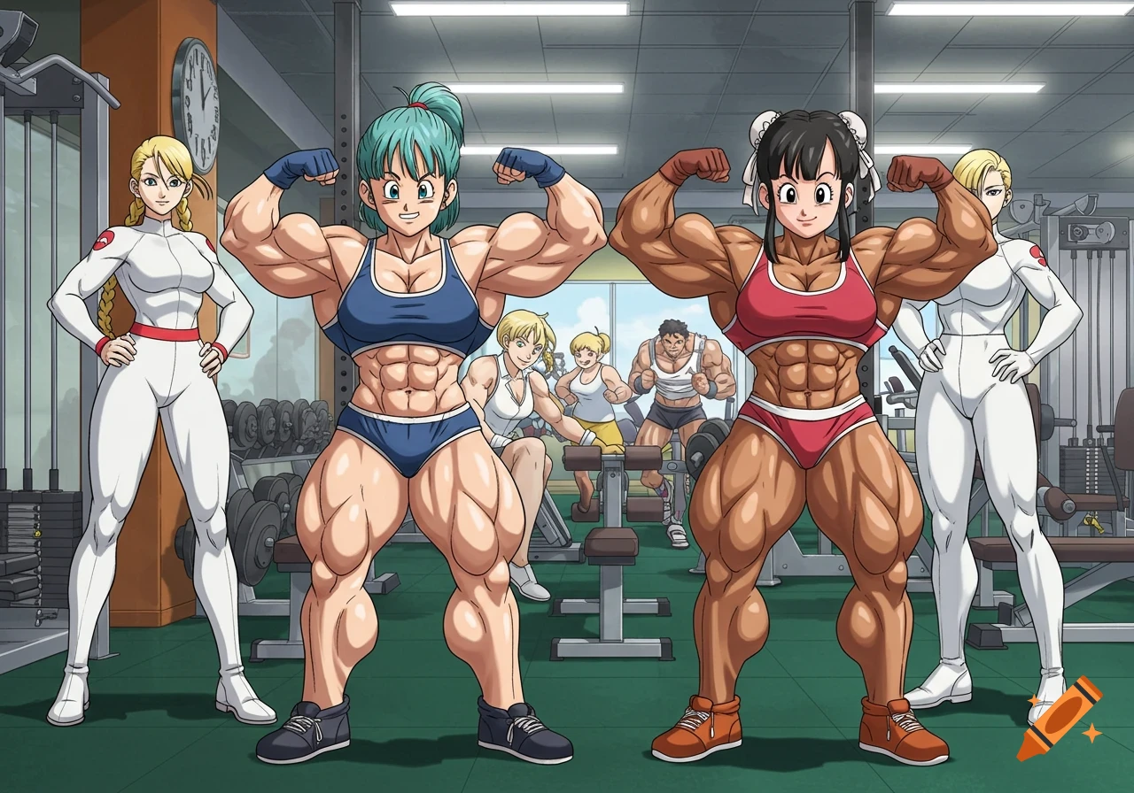 Two muscular women characters from Dragon Ball Z and Street Fighter flex in a gym.