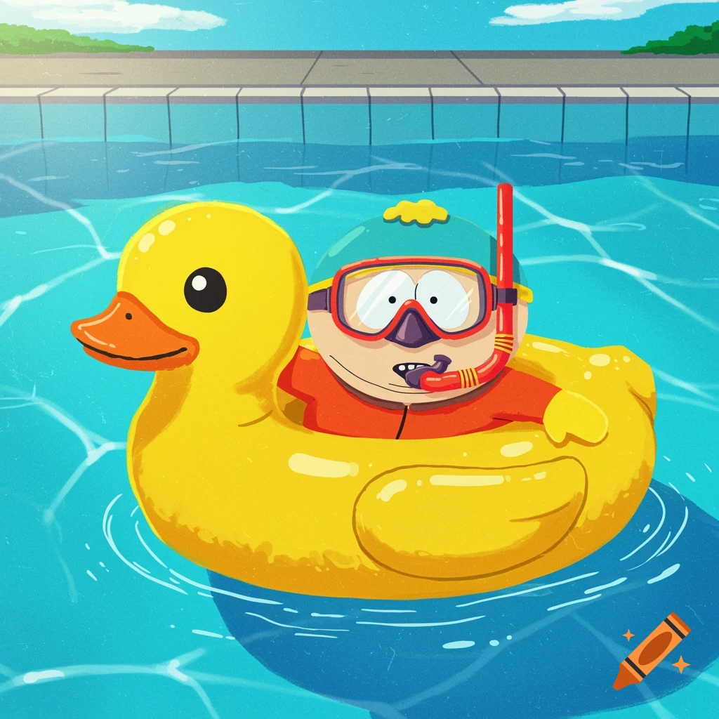 Eric Cartman in a rubber duck float with snorkel and goggles in a pool
