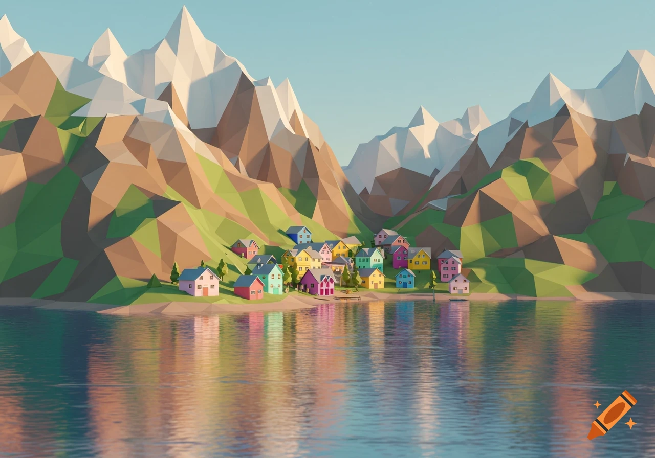 Low poly landscape of a colorful town by a lake with mountains.
