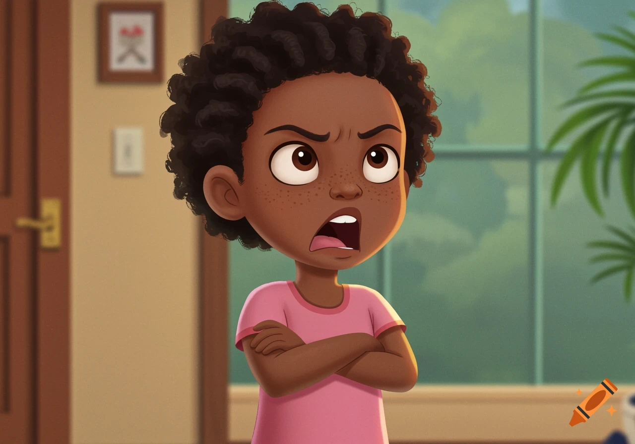 Cartoon illustration of a young Black girl with crossed arms, looking upwards with an angry expression.