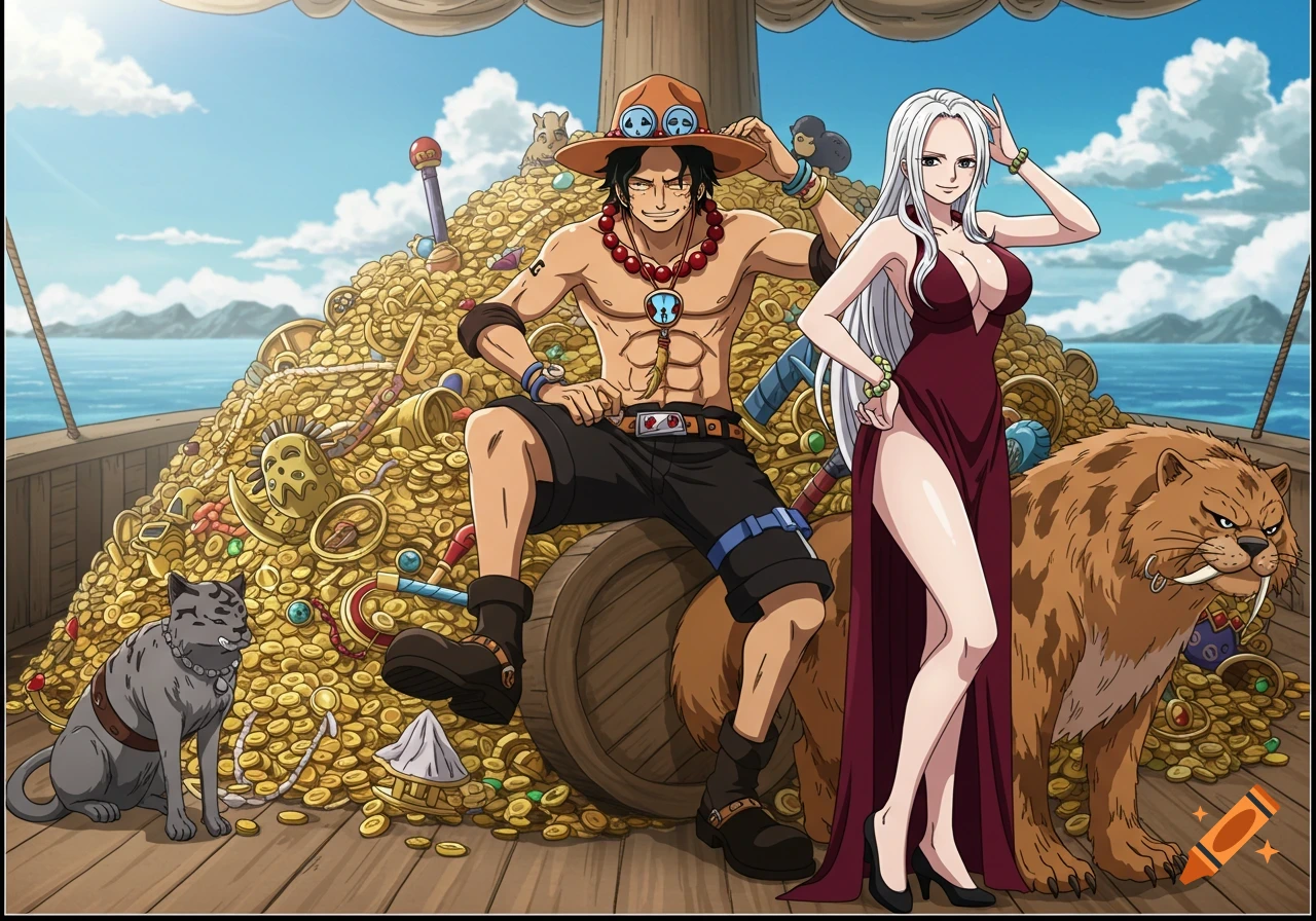 Anime illustration of Ace, a woman, a cat, and a sabertooth cat with a large pile of treasure on a boat.