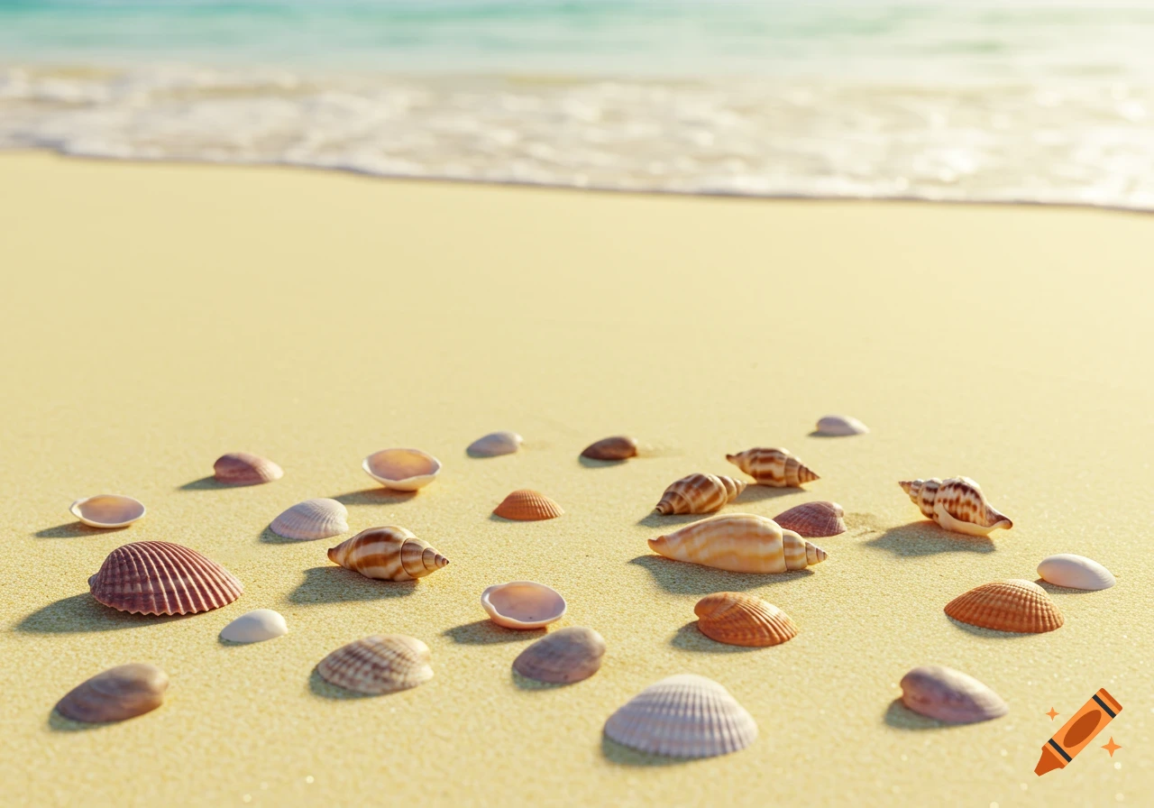 Seashells scattered on a sandy beach as waves gently wash ashore.