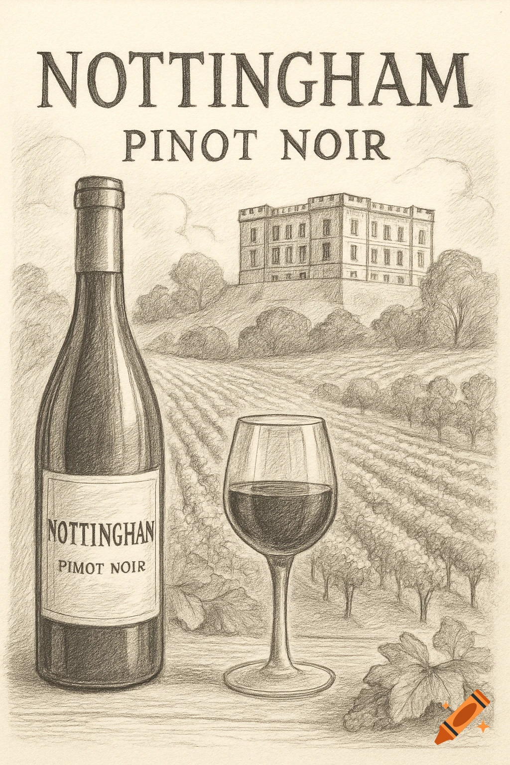 Pencil drawing of a wine bottle and glass in a vineyard with a building on a hill.