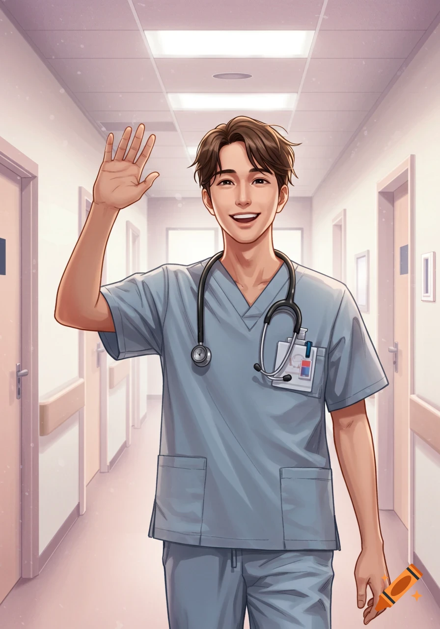 An illustration of a smiling male nurse in a hospital hallway, waving.