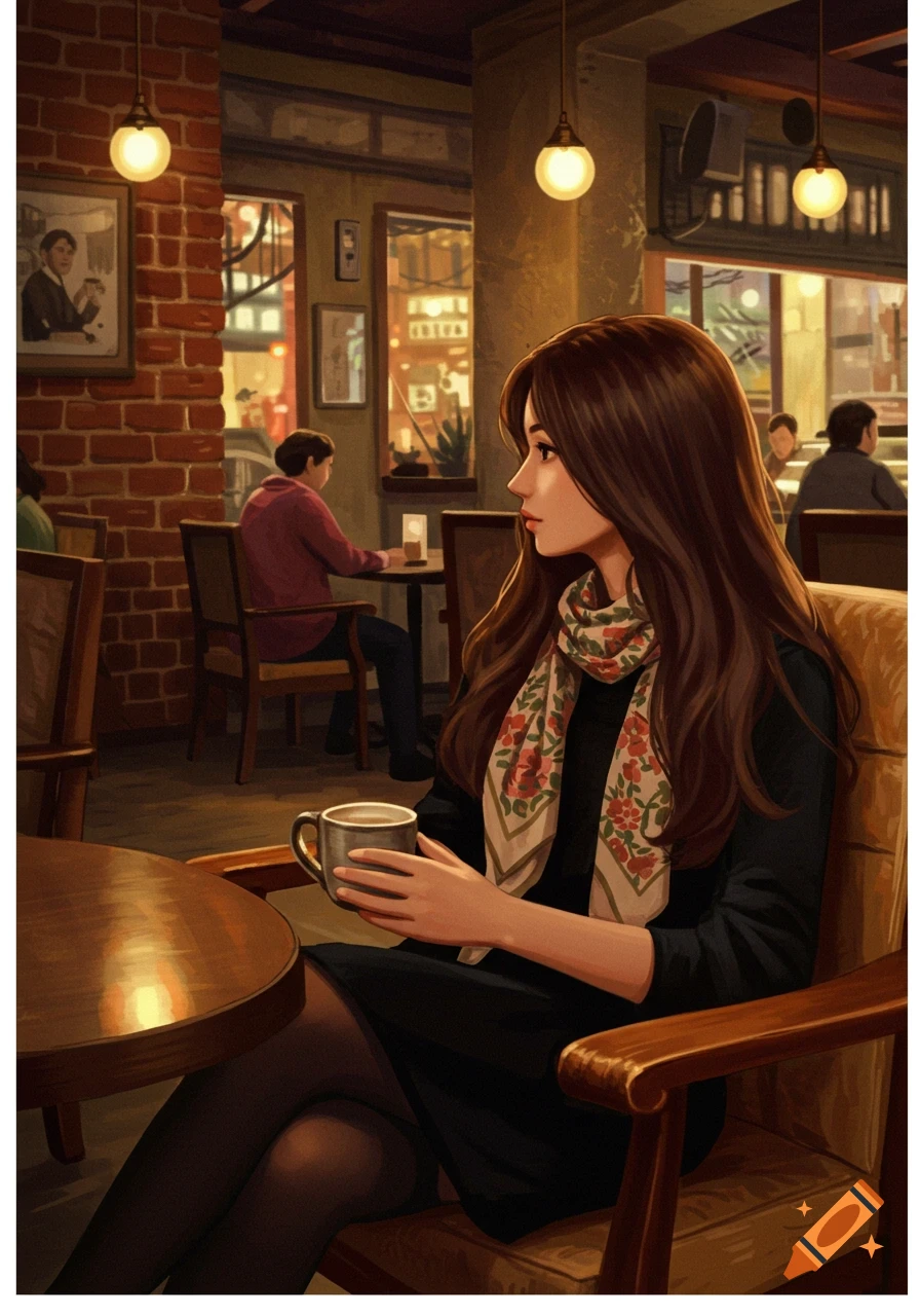A woman sits in a cafe, holding a mug. Digital painting.