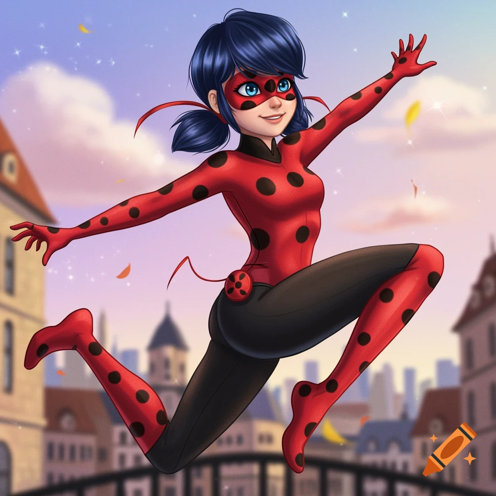 Illustration of Ladybug jumping over a city background