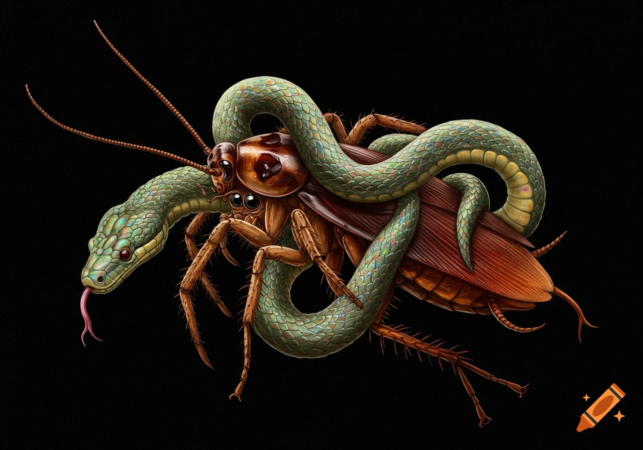 A detailed illustration of a green snake coiled around a large brown cockroach.