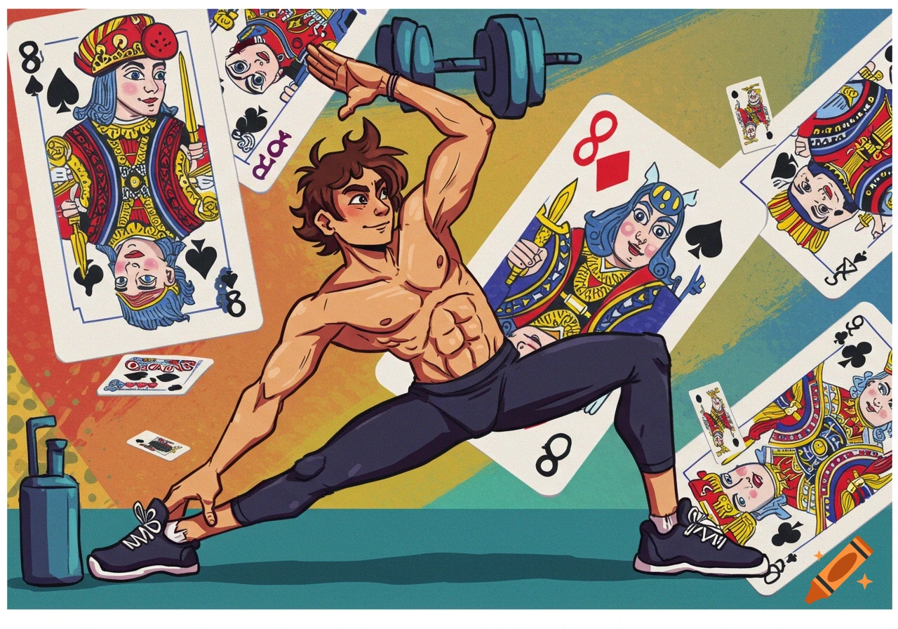 Illustrative image of a muscular man exercising amidst giant playing cards.