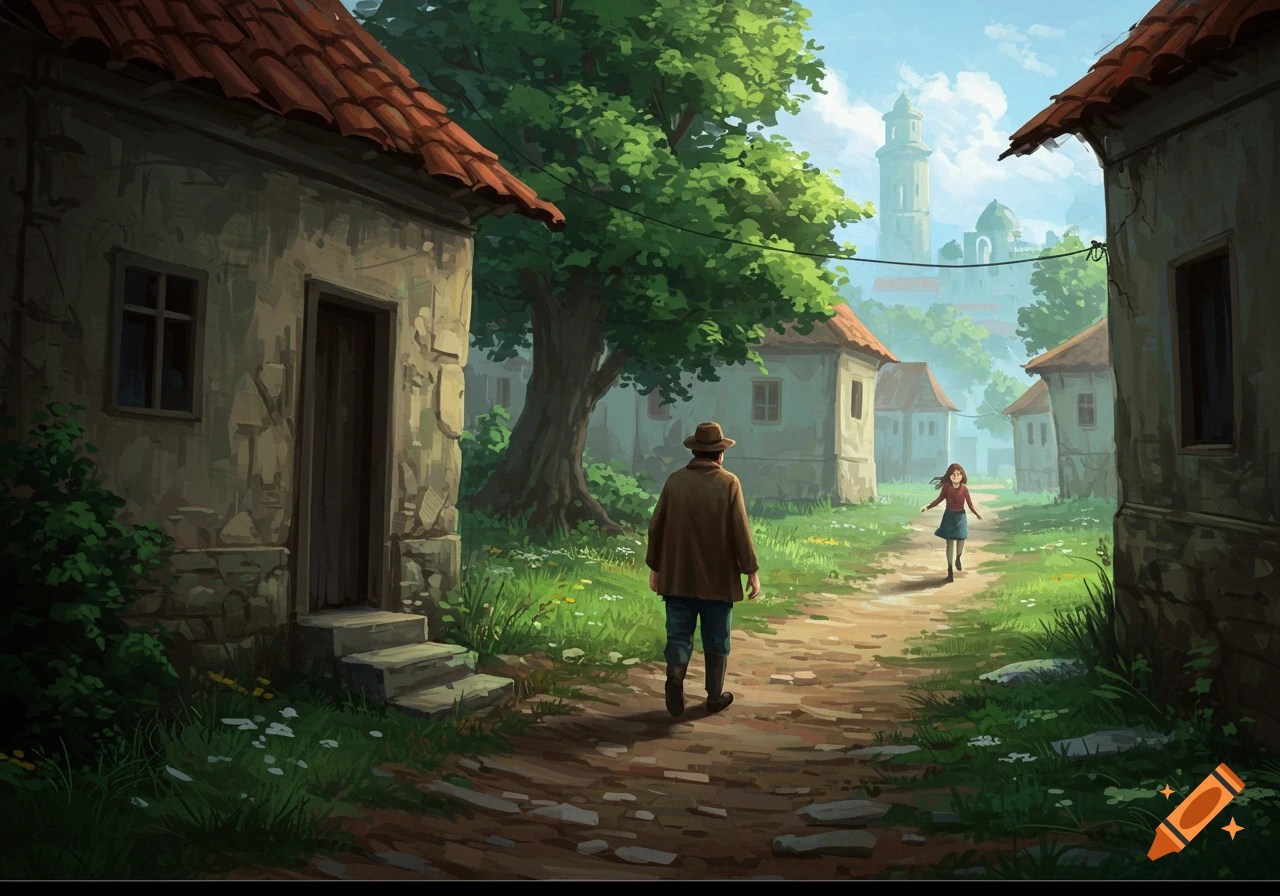A man walks on a dirt path towards a village with a girl running in the distance, in a painterly style.