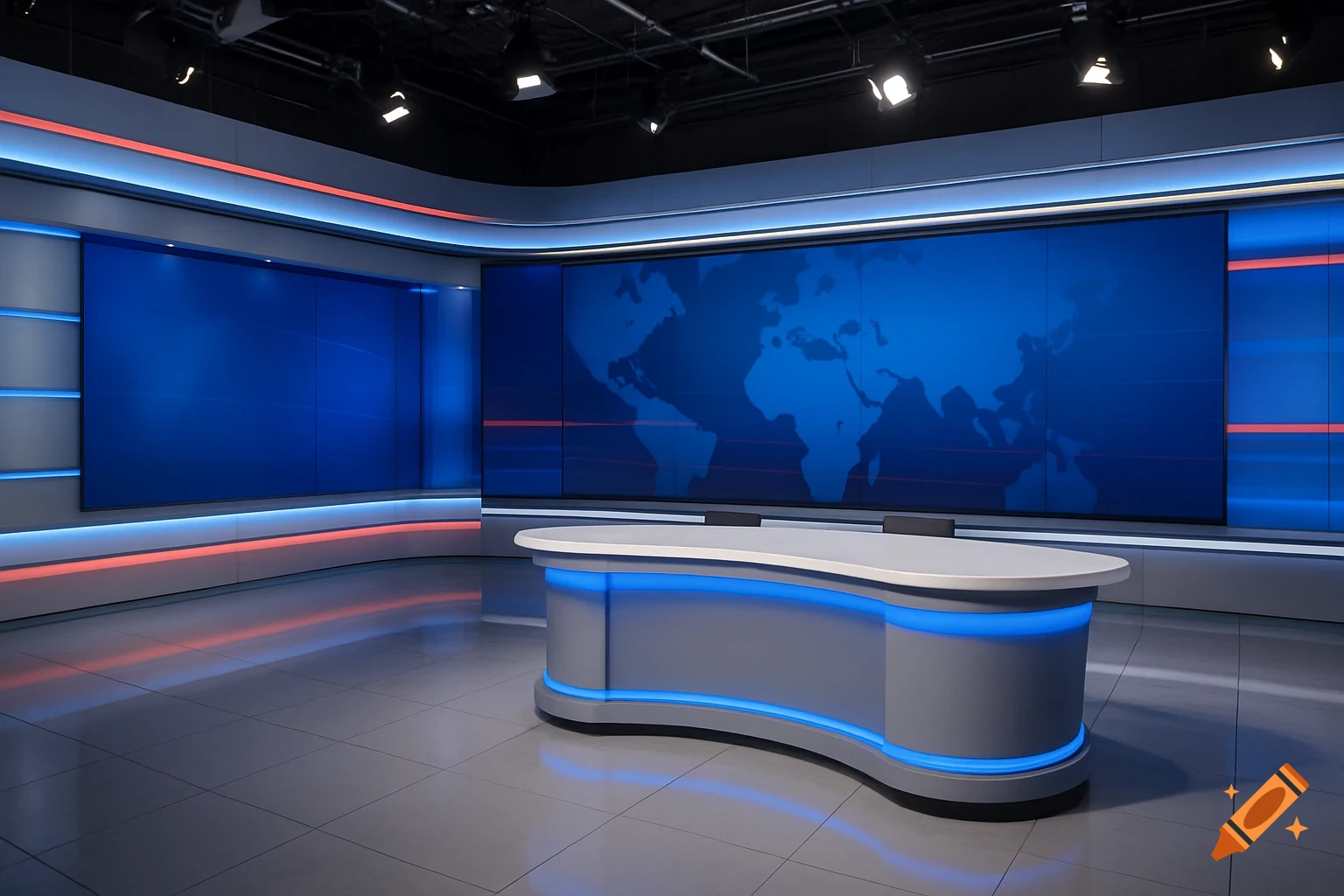 An empty TV news studio set with a modern desk and large blue screens, one displaying a world map.