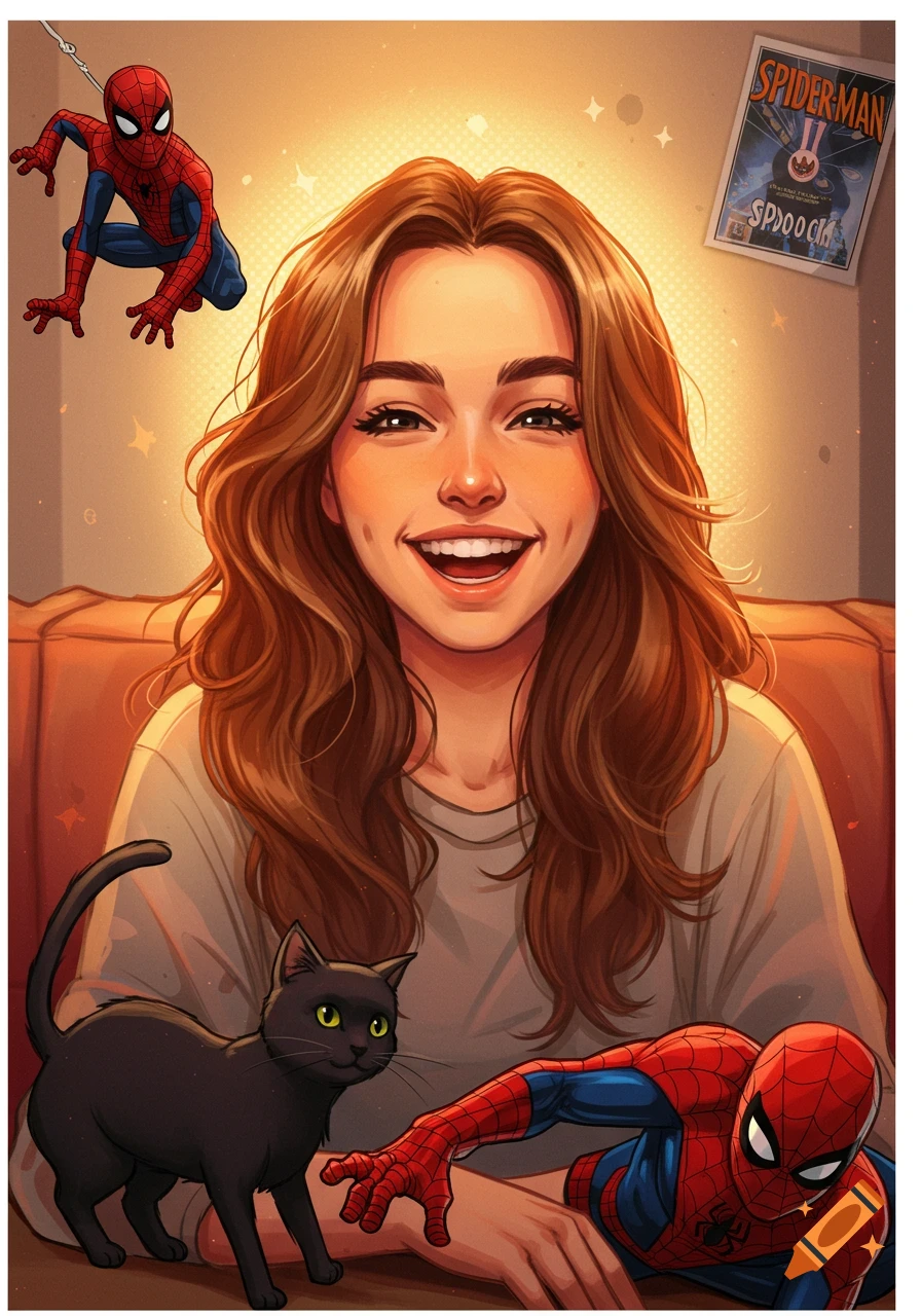 Cartoon illustration of a smiling woman with a black cat and Spider-Man.