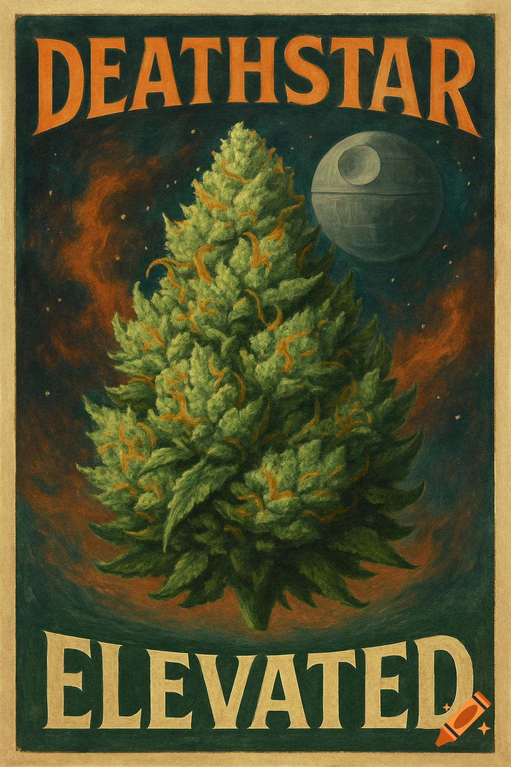 Poster illustration of a cannabis bud tree in space with the Death Star and text "DEATHSTAR" and "ELEVATED".