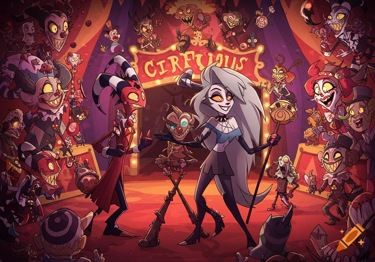 Blitzo and Loona on a circus stage with many cartoon demon characters
