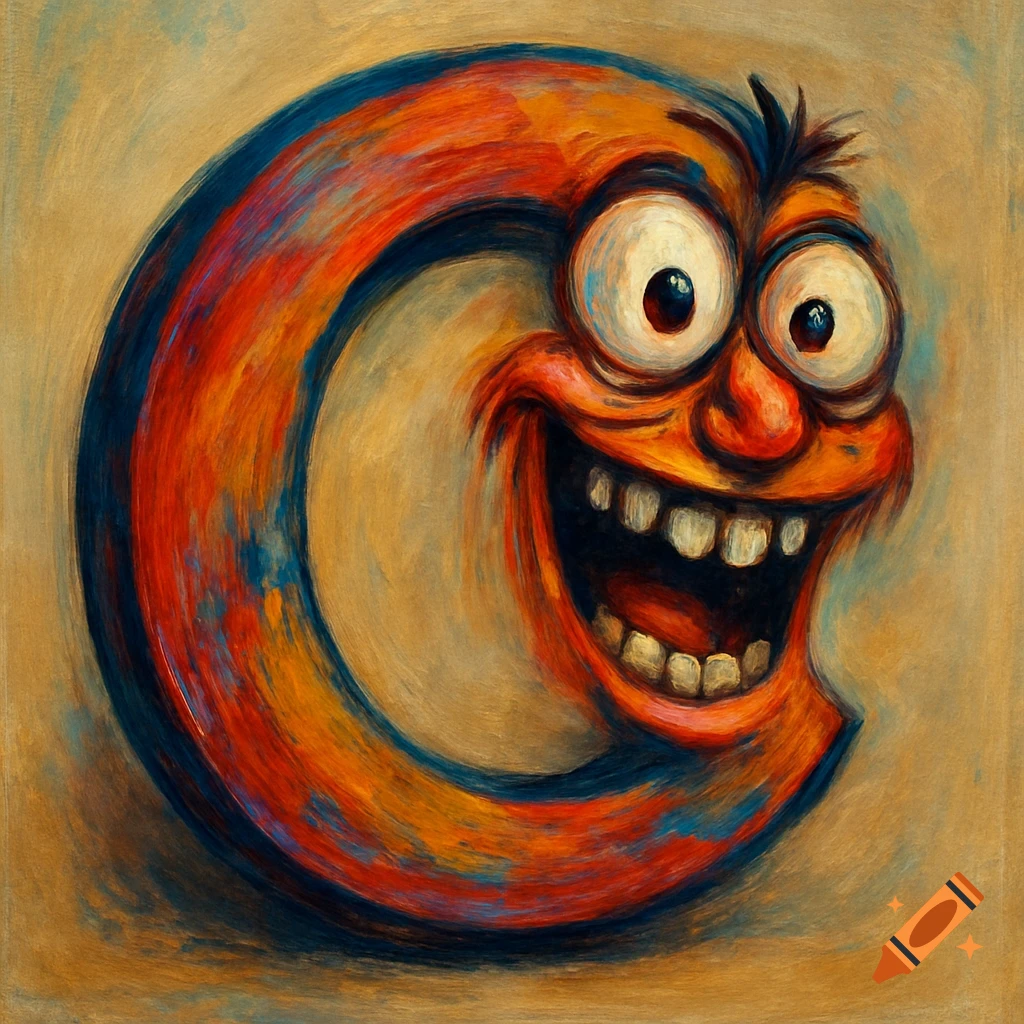Cartoonish letter C with a crazy smiling face, painted in bright colors