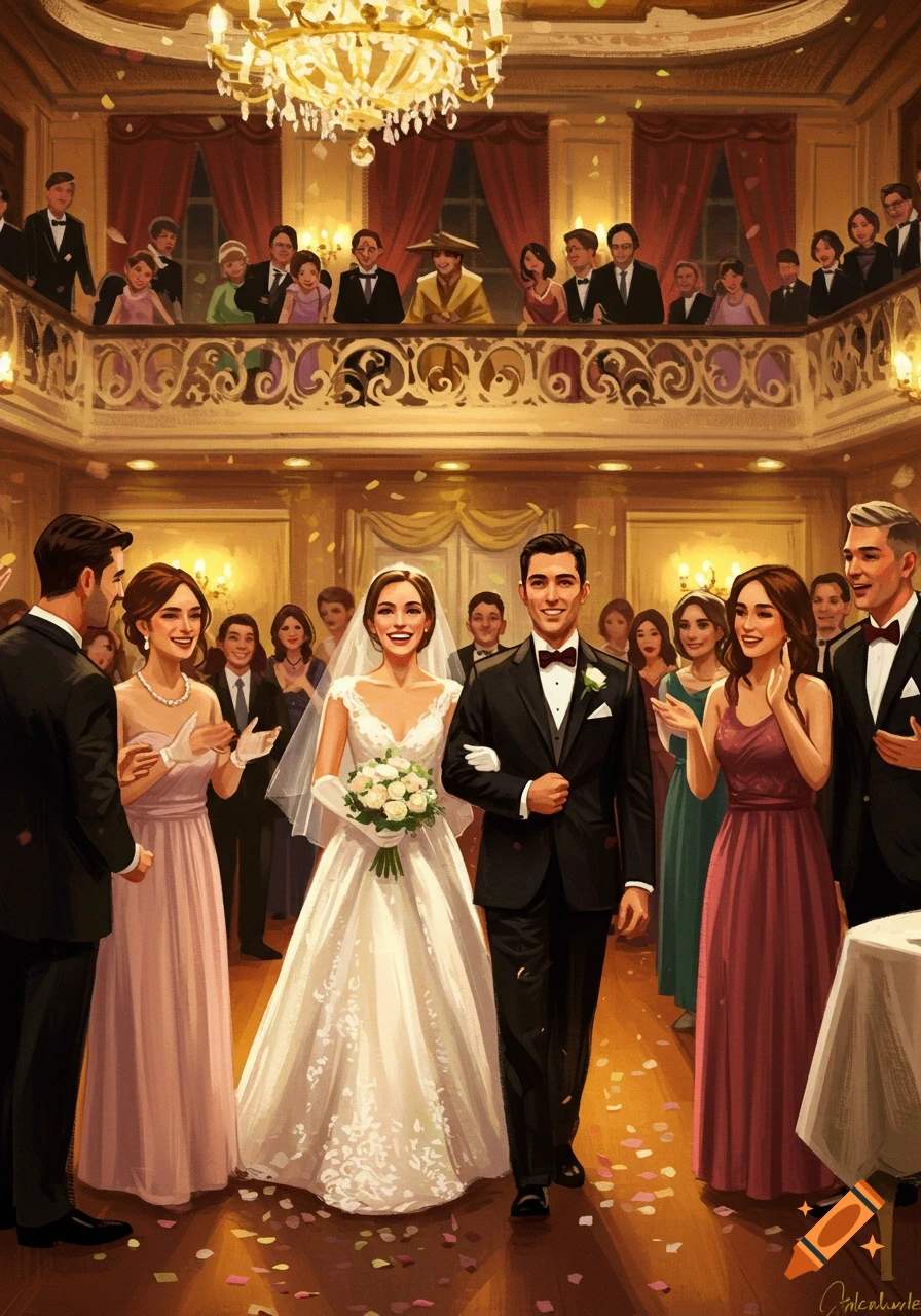 Illustration of a bride and groom walking down the aisle in a grand ballroom as guests applaud and confetti falls.