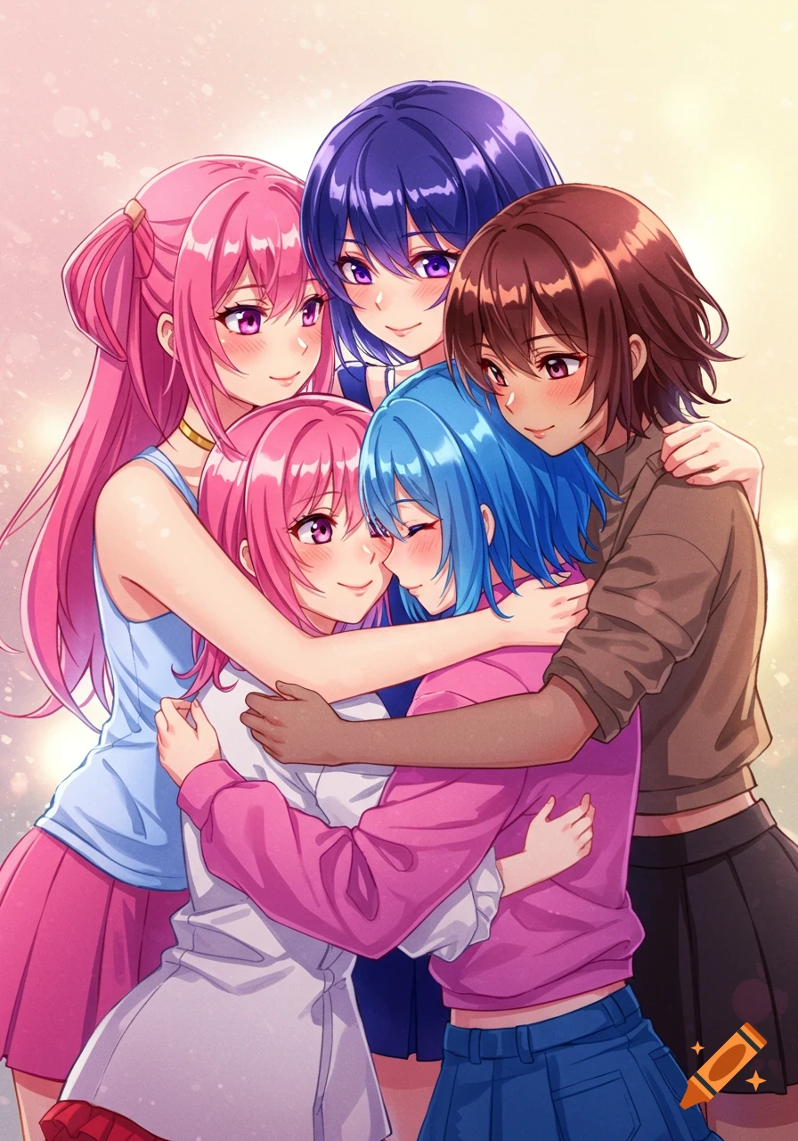 Five anime girls with pink, purple, brown, and blue hair hugging.