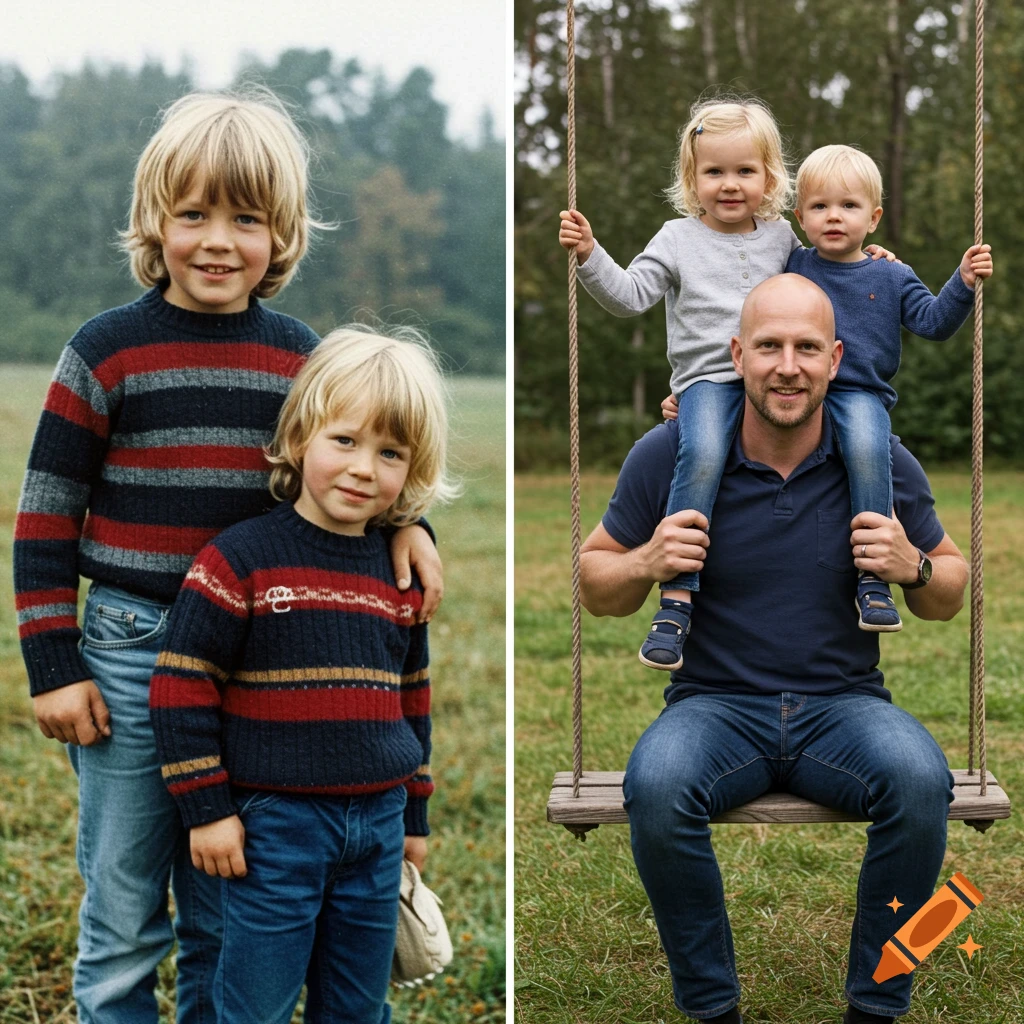 Side-by-side comparison of a vintage photo of two young boys outdoors and a modern photo of a man with two toddlers on a swing