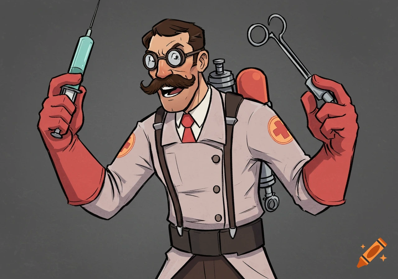 Cartoon illustration of the Medic from Team Fortress 2 holding a syringe and forceps