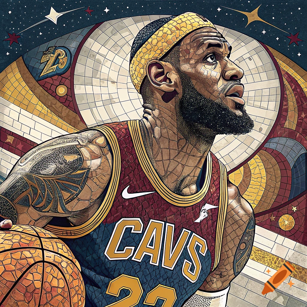 LeBron James in a mosaic style Cleveland Cavaliers jersey