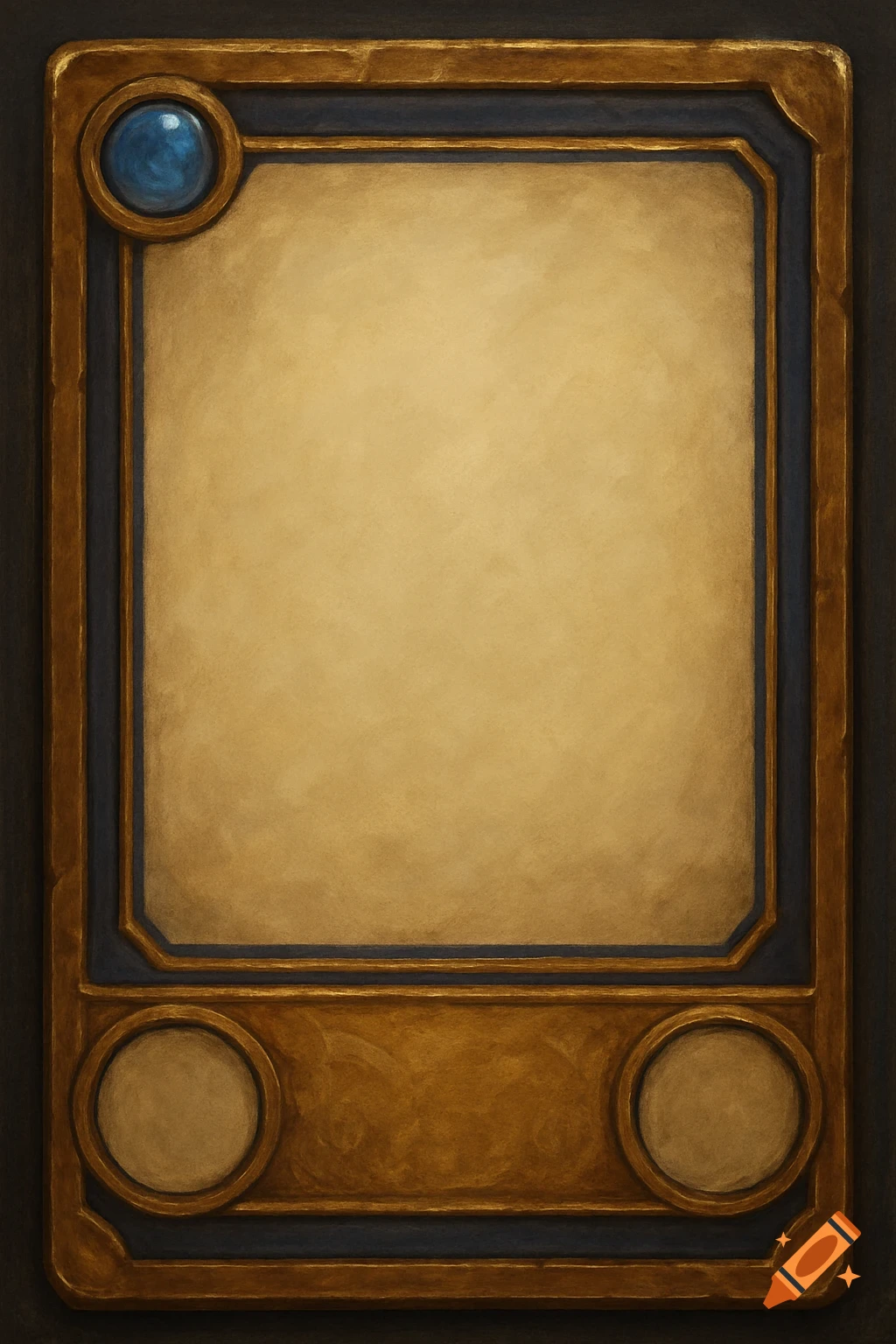 Blank trading card template with gold and blue frame and gem accent.