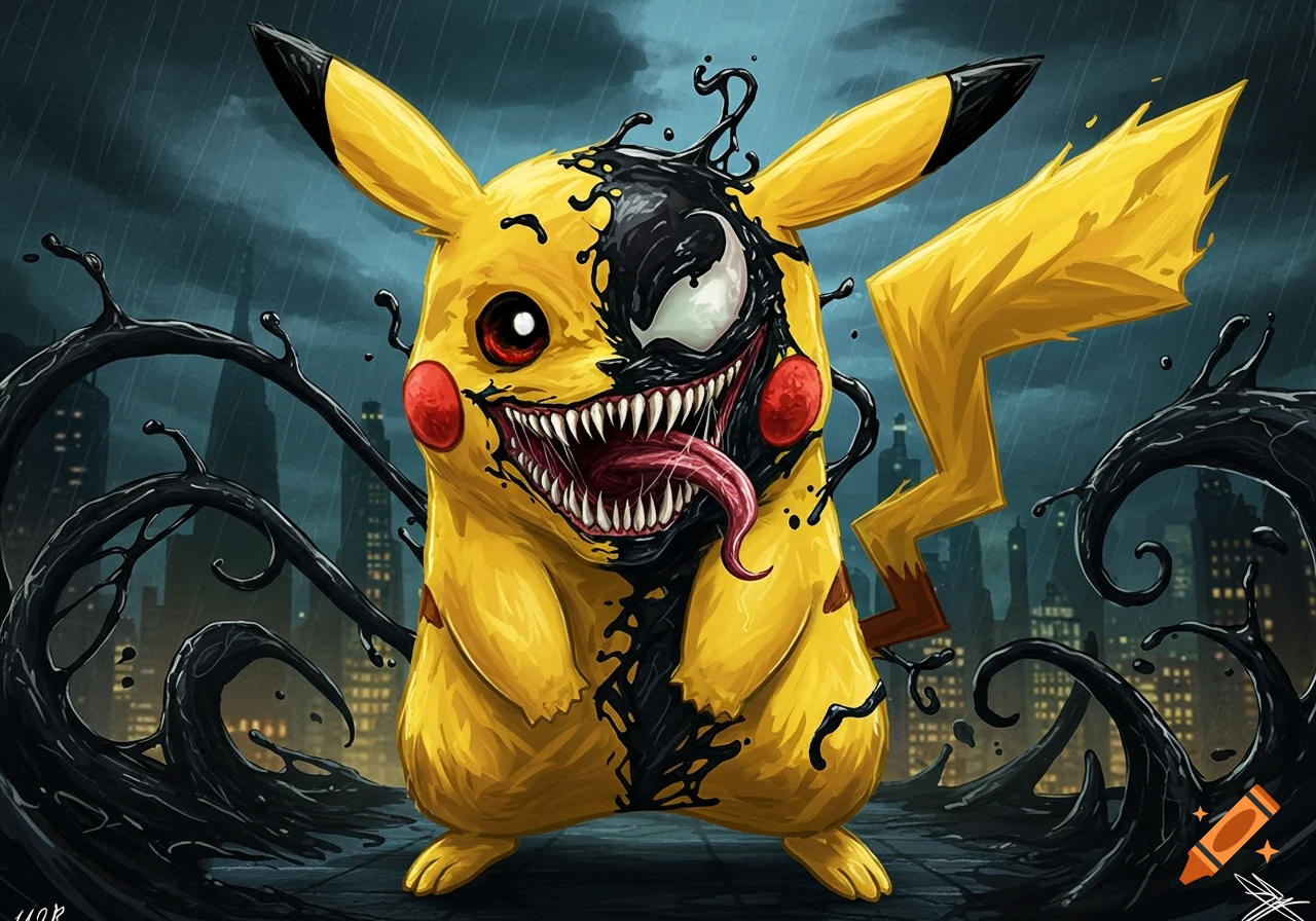Pikachu combined with Venom, featuring sharp teeth, long tongue, and black symbiote ooze, in a city under stormy skies.