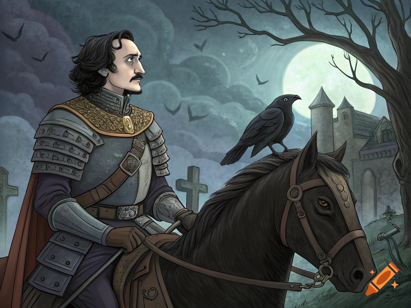 Cartoon illustration of Edgar Allan Poe in armor riding a horse with a raven on its head in a graveyard under a full moon.