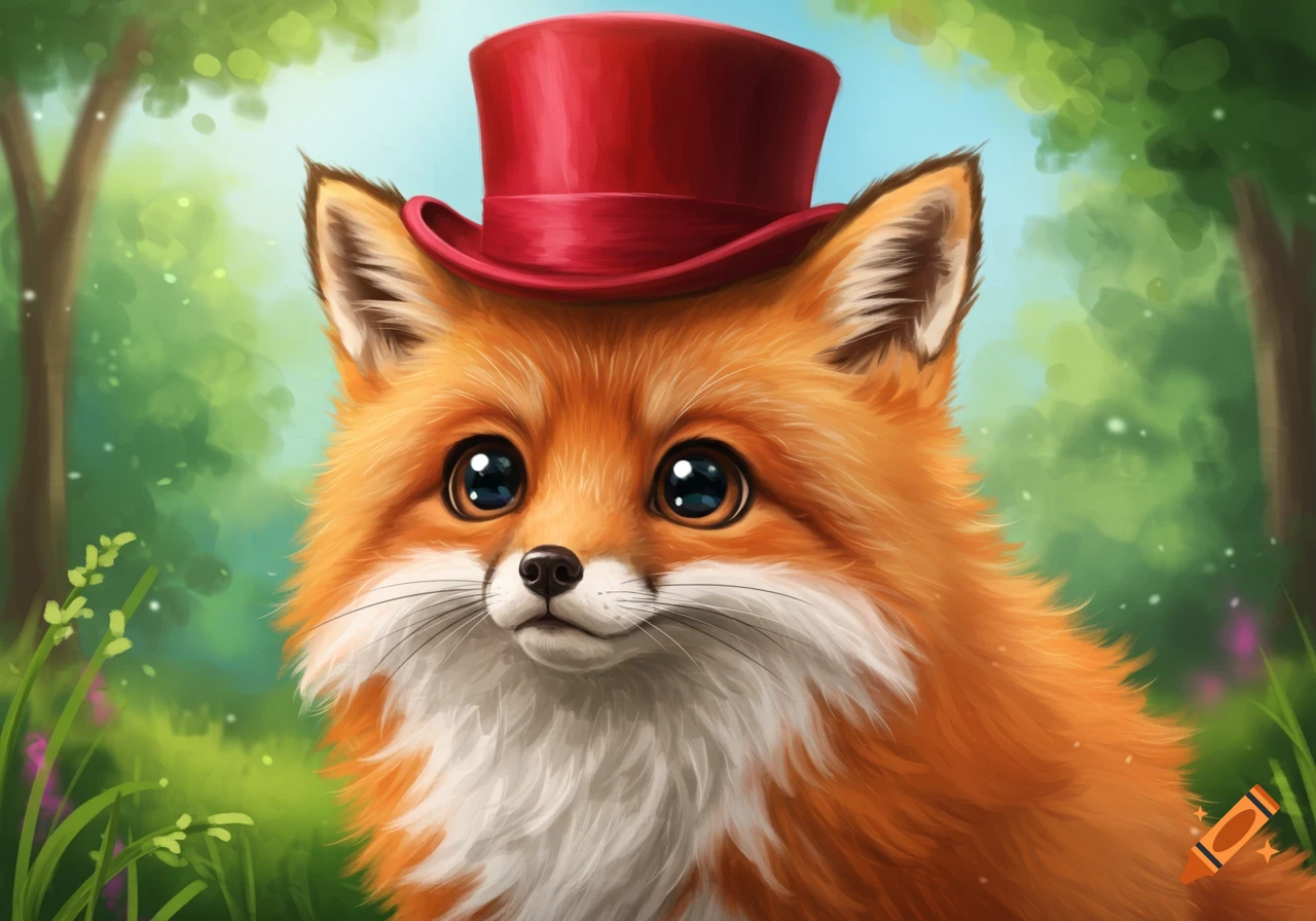 Cute fox wearing a red top hat in a forest clearing.