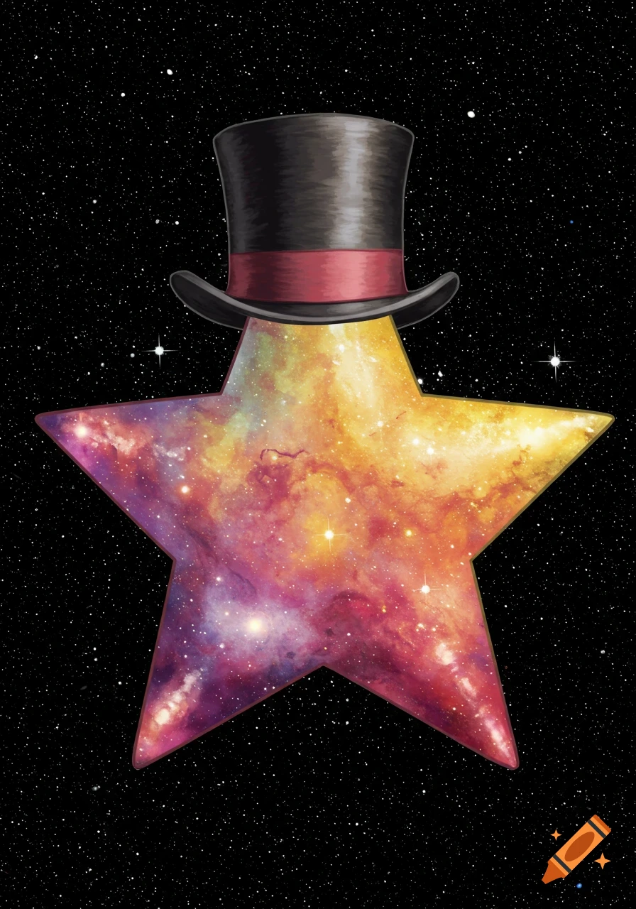 A colorful nebula-filled star wears a black top hat in a starry space scene.