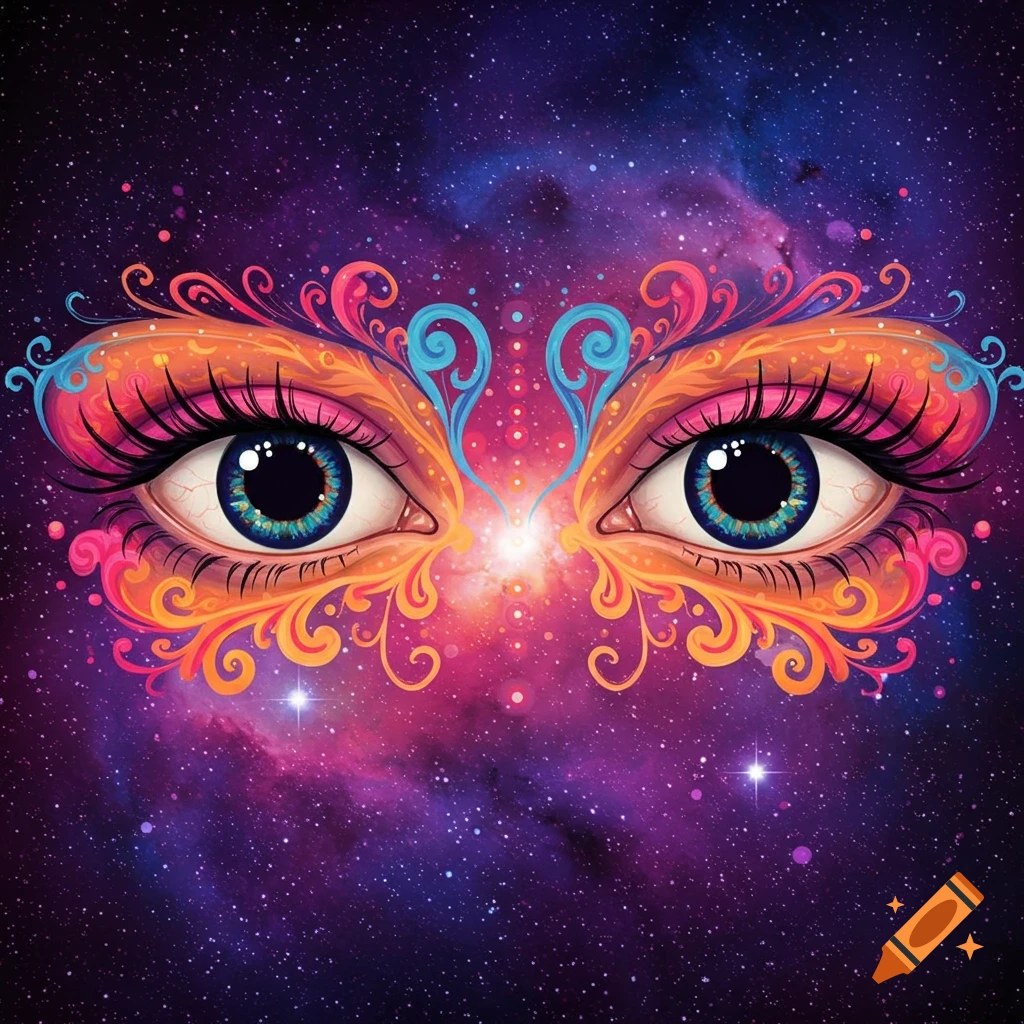 Colorful psychedelic art of eyes against a cosmic background.