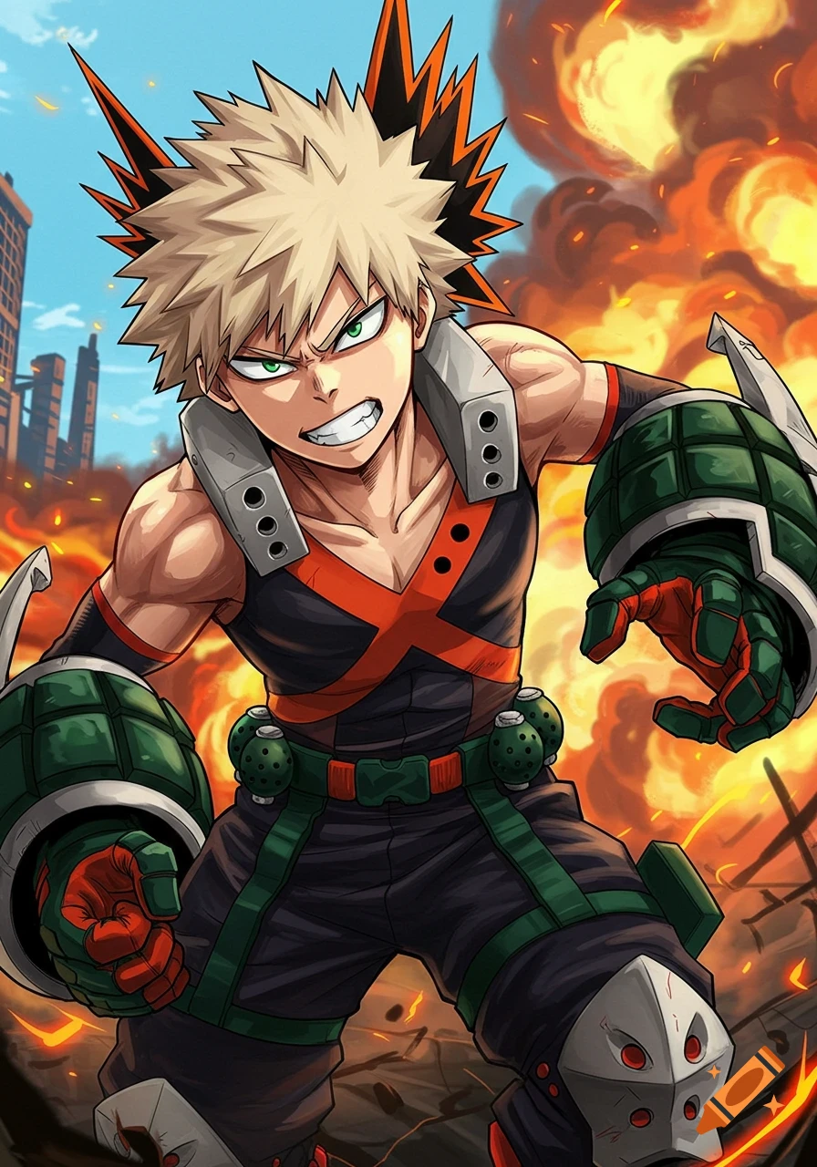 Anime illustration of Bakugo in an action pose with explosions