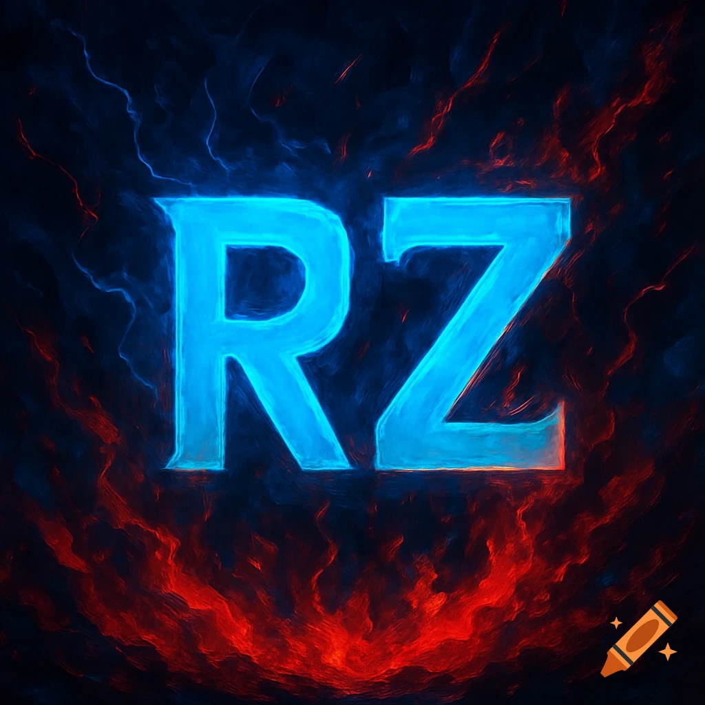 Blue glowing letters RZ against a dark background with red fire and blue lightning effects.