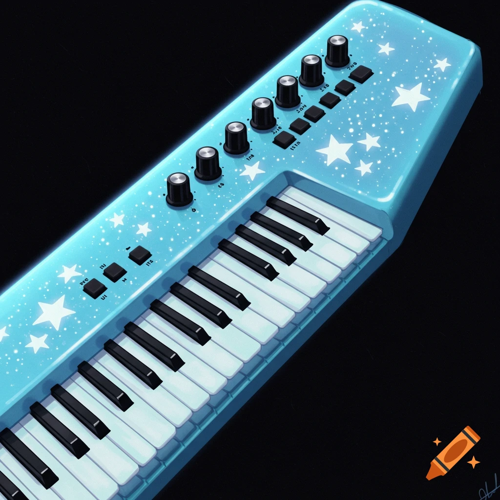 Light blue keytar with white stars and glitter on a dark background.