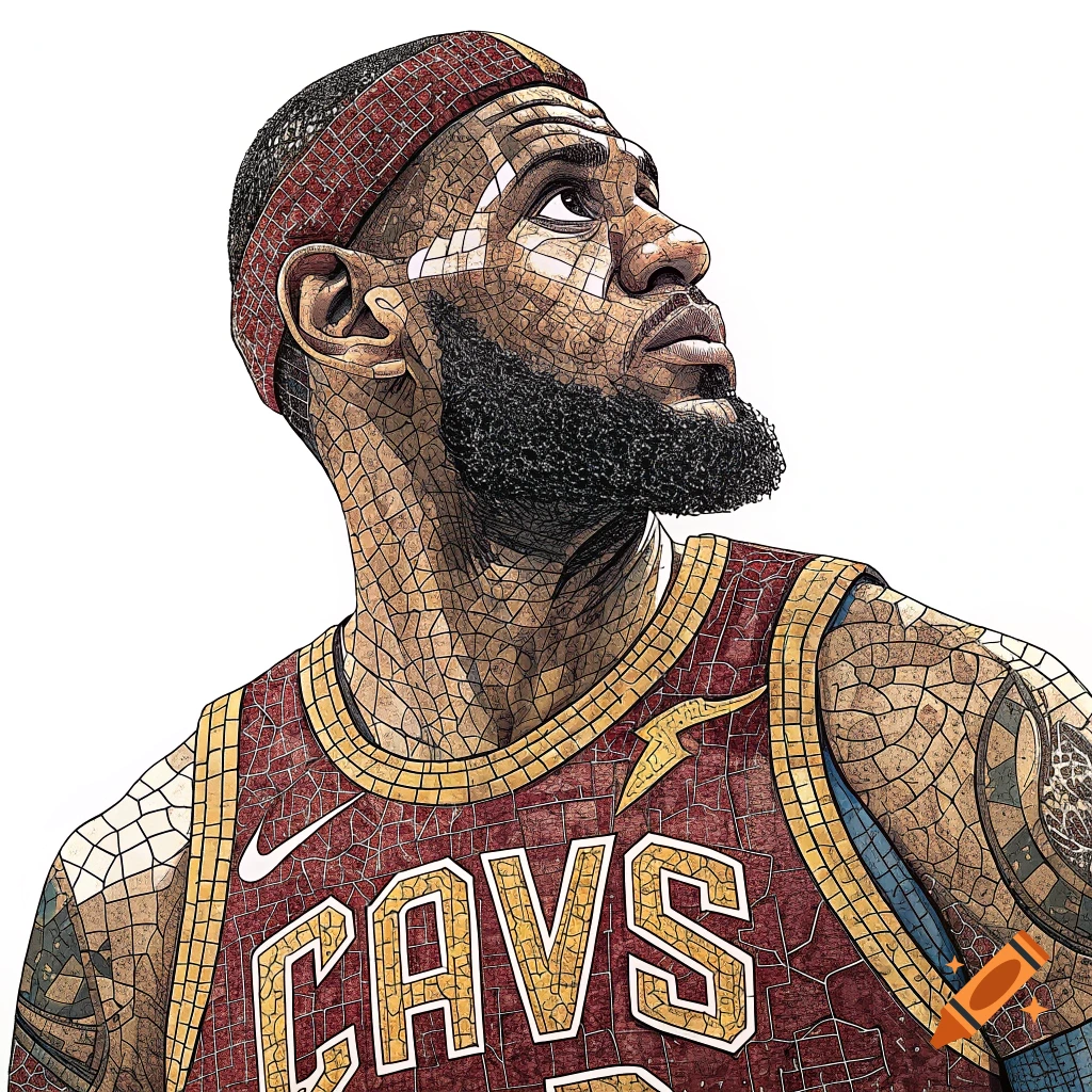 Digital mosaic portrait of LeBron James in a Cavaliers jersey.