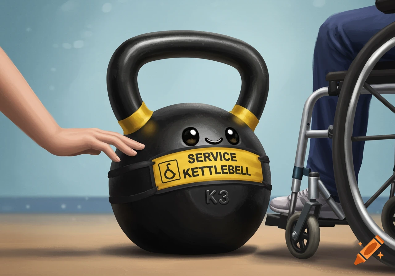 A cartoon kettlebell with a face and 'Service Kettlebell' band stands next to a person in a wheelchair receiving a pet.