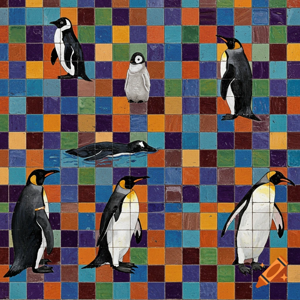 Several penguins and a chick on and in front of a colorful mosaic tile background.