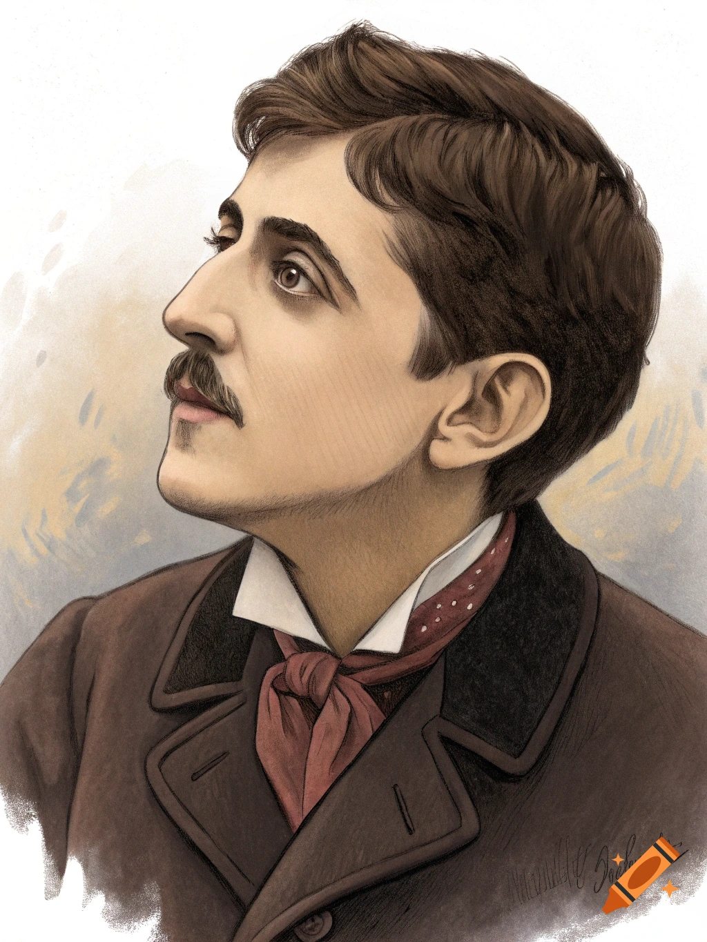Illustration of Marcel Proust in a brown coat and red tie, looking upwards