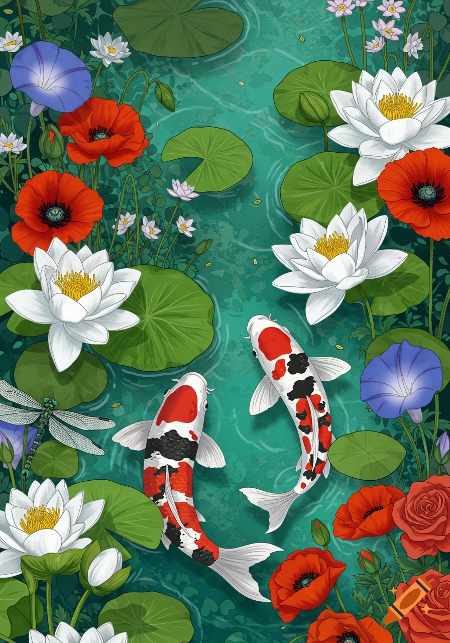 Two koi fish swim among water lilies, poppies, morning glories, roses, and a dragonfly in an illustrated pond scene.
