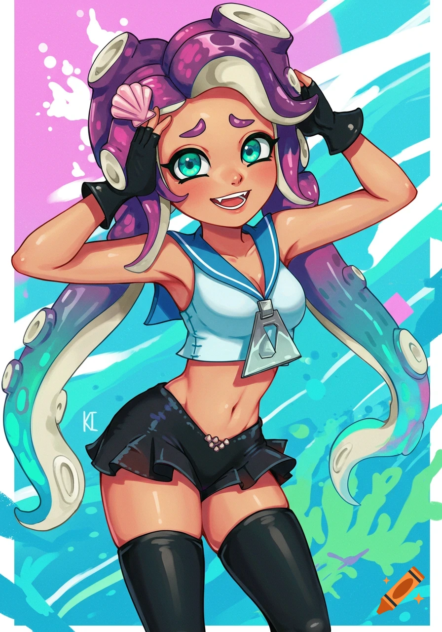 Anime drawing of Marina from Splatoon in a sailor top, shorts, and thigh highs, smiling with hands near her head.