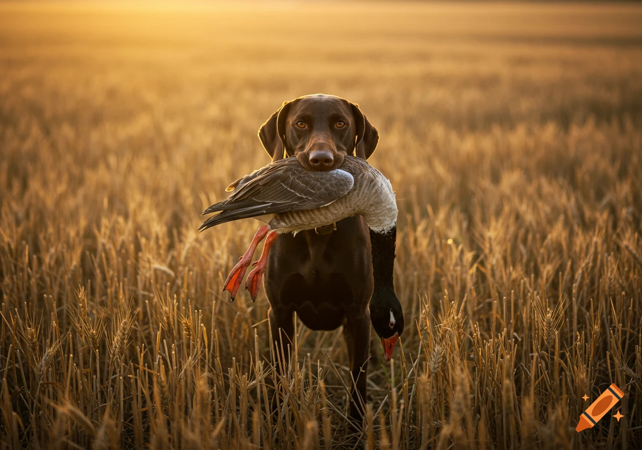 A brown dog stands in a field holding a dead goose.