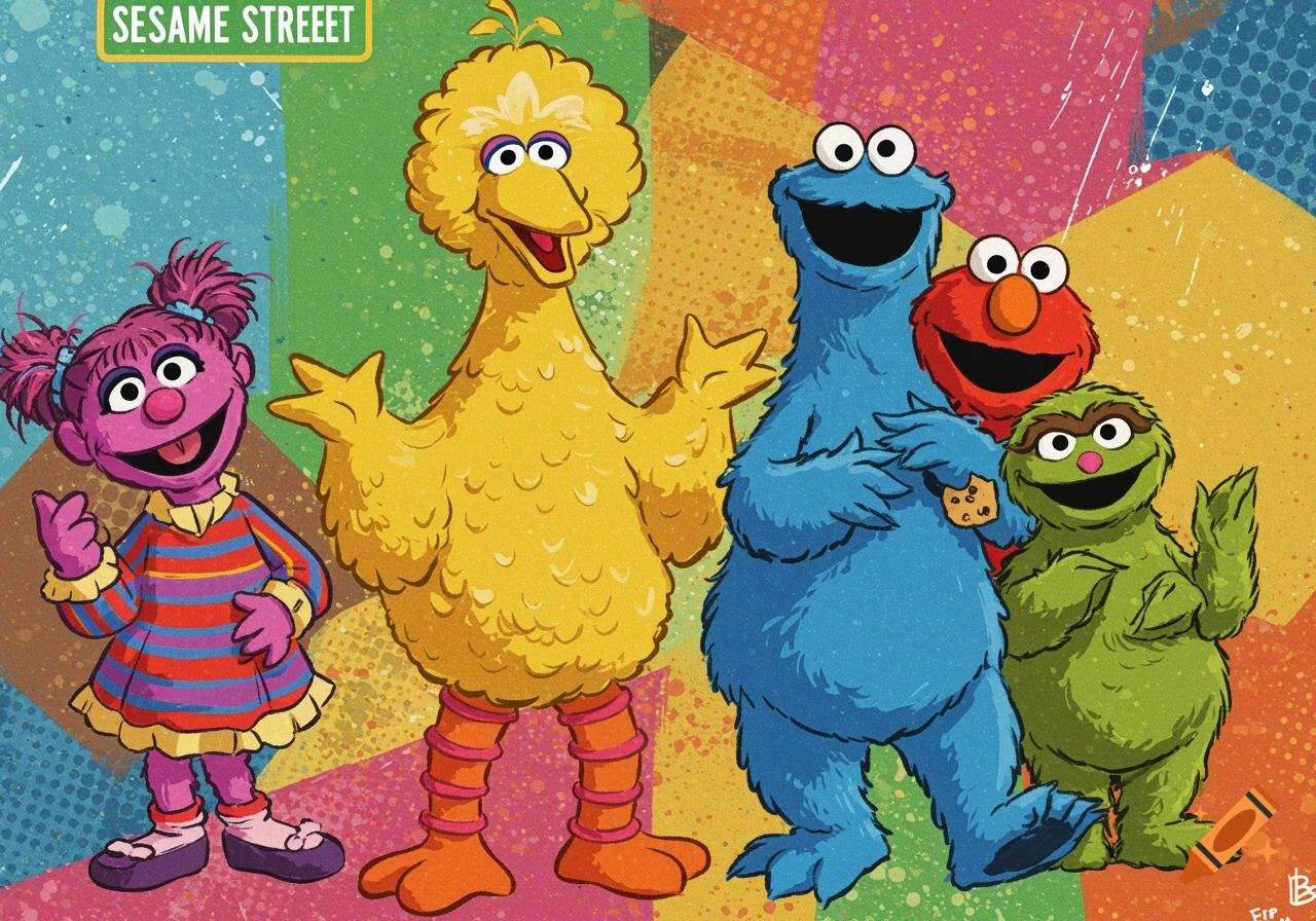 Sesame Street characters in a colorful pop art illustration