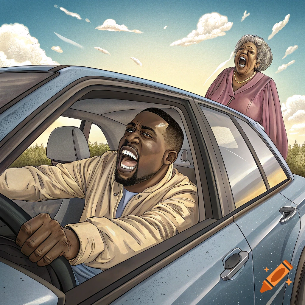 Illustration of a man yelling while driving with an older woman yelling from the backseat.