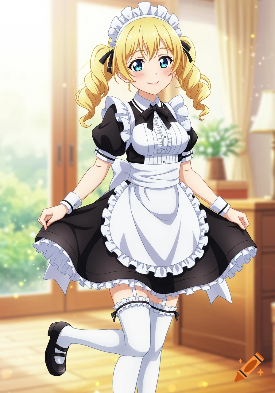 Blonde anime girl in a maid dress smiling and posing in a room.