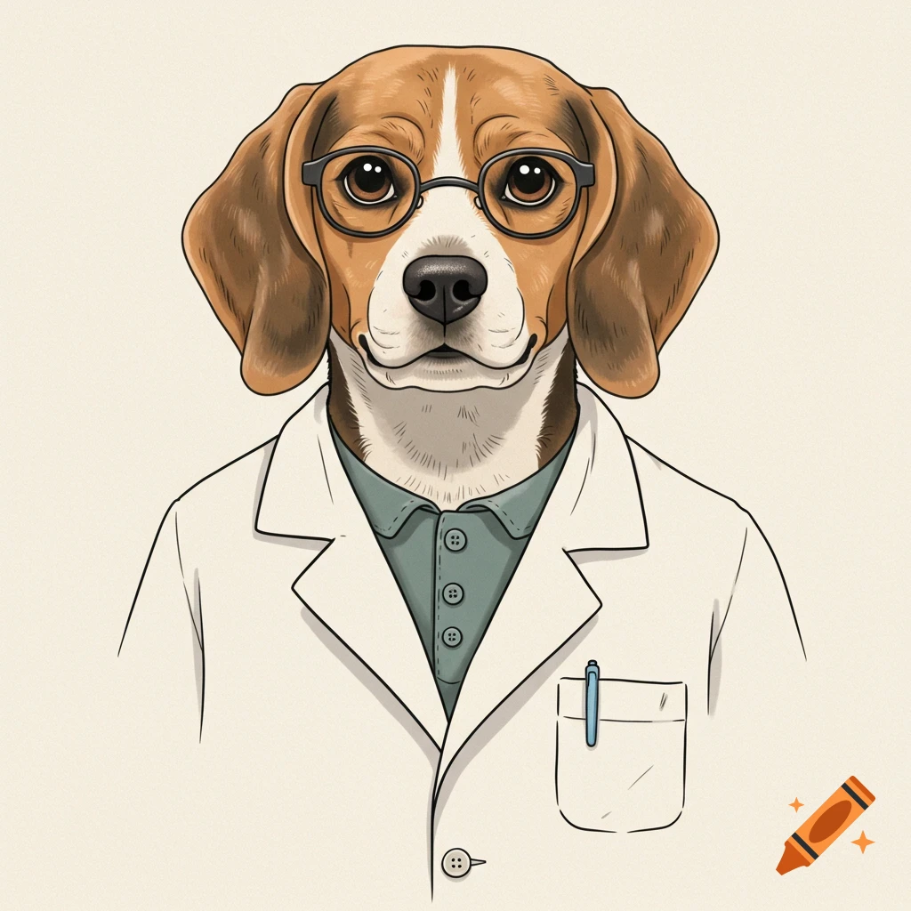 An illustration of a beagle dog wearing a lab coat and glasses.