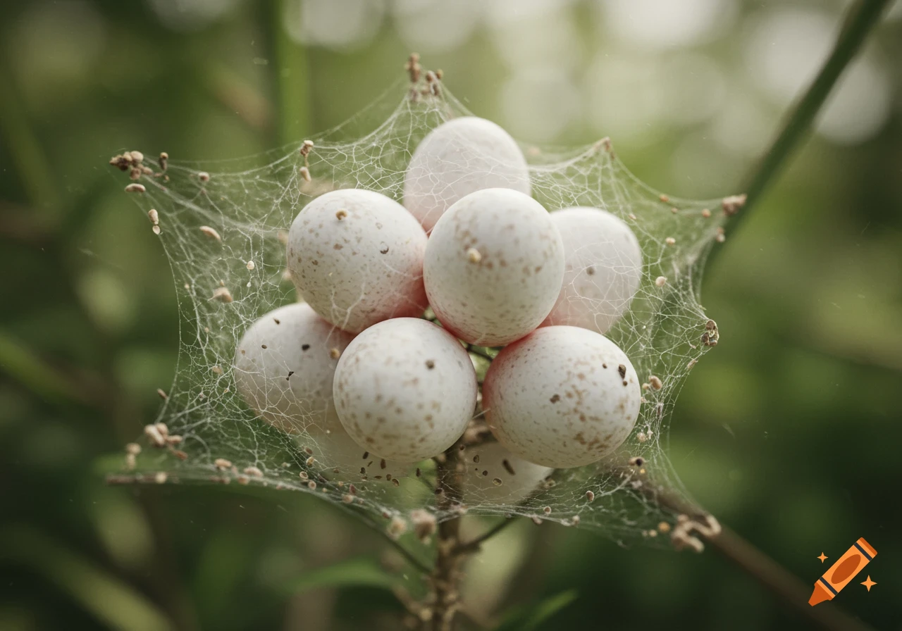Close-up of white spider eggs in a web on a plant stem.