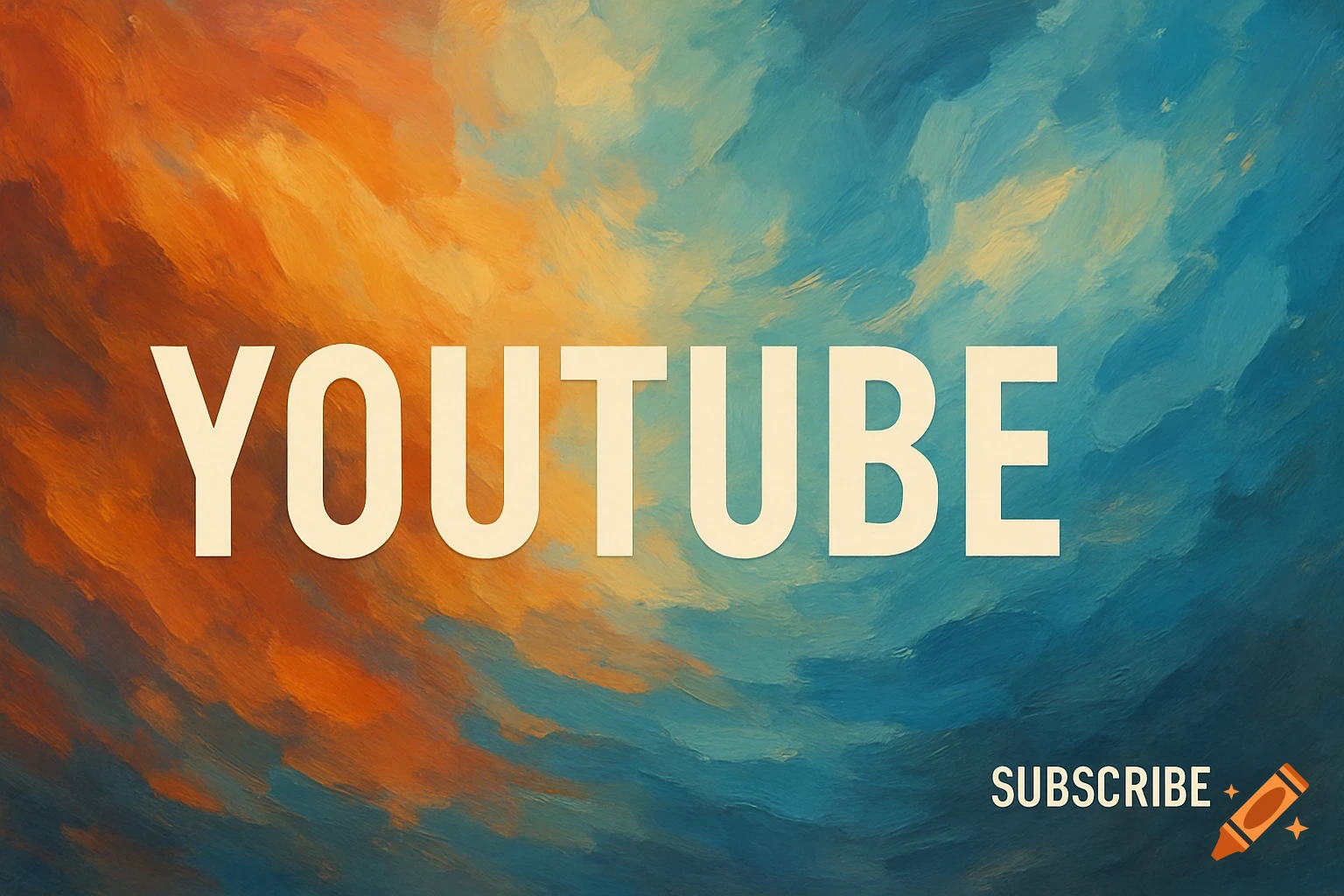 The word YOUTUBE and small word SUBSCRIBE on a background of orange and blue paint strokes.